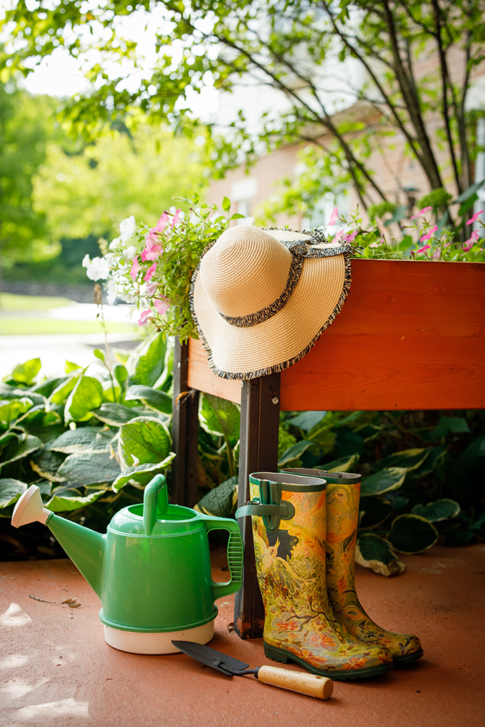 raised flower garden and gardening tools